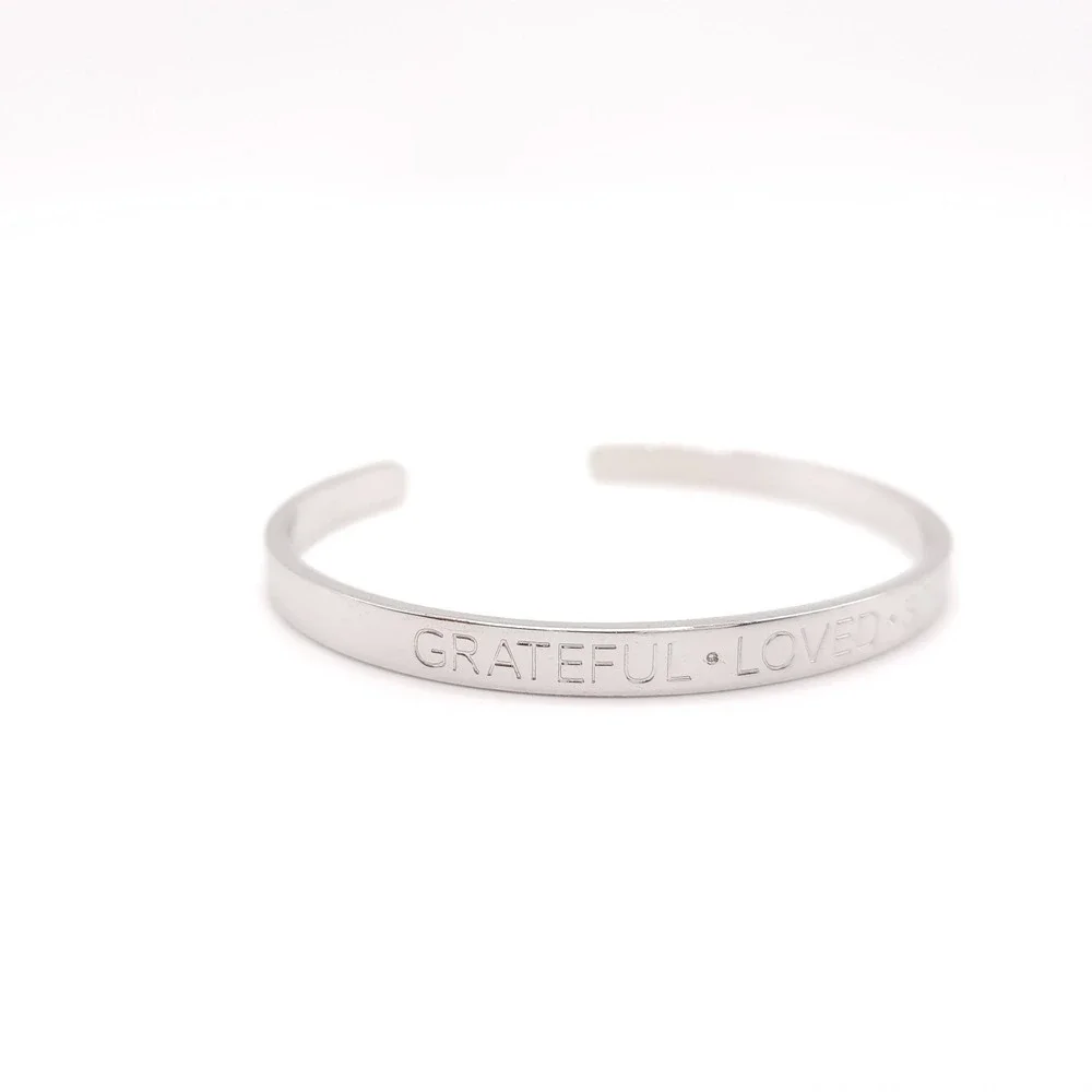 Talbots Engraved Silver Tone Bangle Bracelet Grateful Loved Strong Motivational